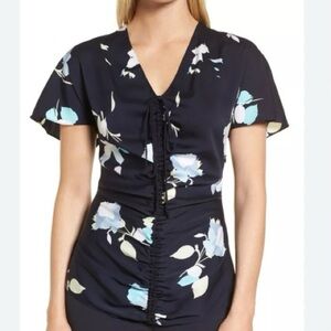 LEWIT Ruched Floral Stretch Silk Blouse Size XS